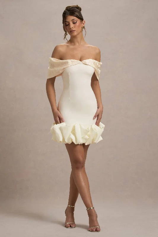 Today’s Special Alegre | Ecru Jacquard Bardot Mini Dress With Ruffle Hem
