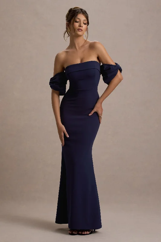 Limited Time Offer Alaine | Navy Bardot Maxi Dress With Bow Sleeves