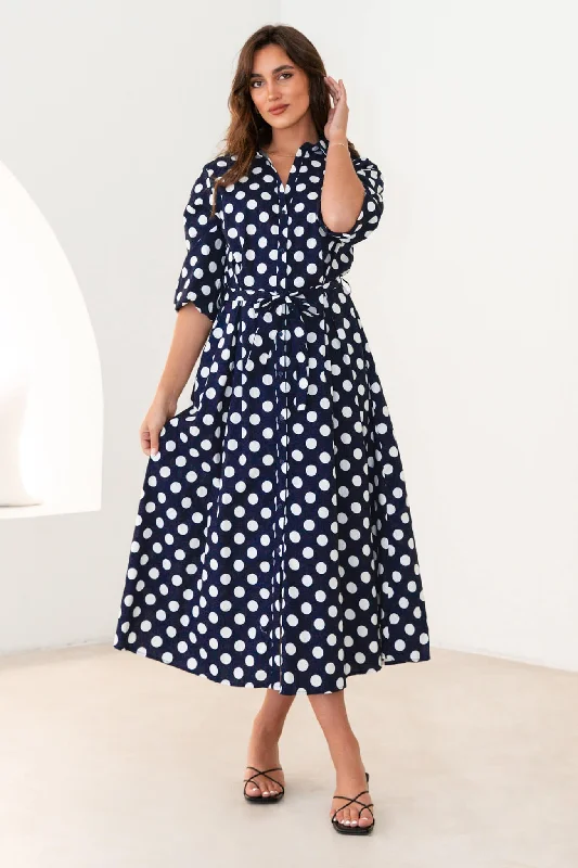 Discount Extravaganza Prita Midi Shirt Dress In Navy And White Polka Dot Cotton