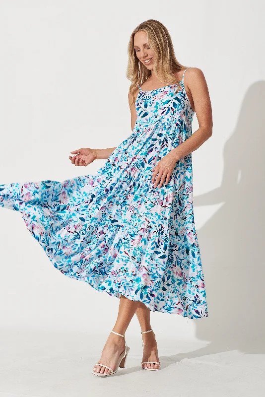 Exclusive Savings Matilda Maxi Sundress In White With Teal Multi Watercolour Print