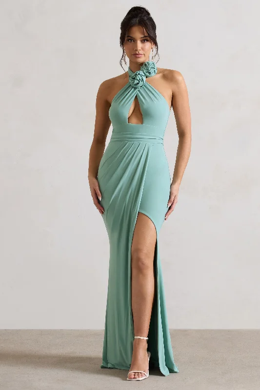 Fantastic Deals Kira | Sage Halter-Neck Cut-Out Split Maxi Dress With Flowers