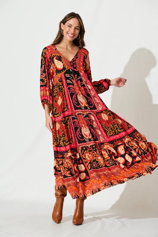 Buy Now El Mar Maxi Smock Dress In Black With Red Print