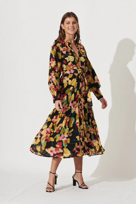 Discount Extravaganza Electra Midi Shirt Dress In Black With Pink And Mustard Floral Print Chiffon