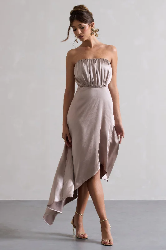 Bonus Savings Willa | Taupe Satin Bandeau Maxi Dress With Asymmetric Hem