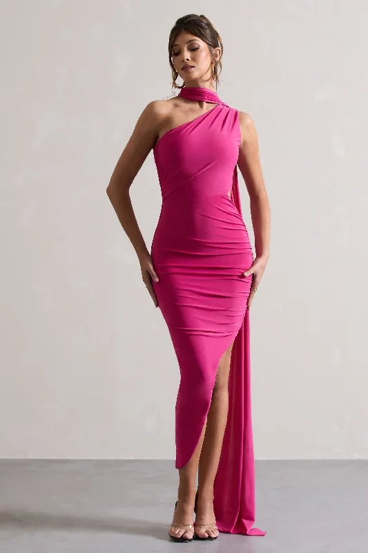 Can't Be Beat Icon | Dark Pink One Shoulder Cut-Out Maxi Dress With Scarf