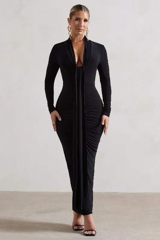 Price Smash Risha | Black Plunge-Neck Long-Sleeve Drape Maxi Dress