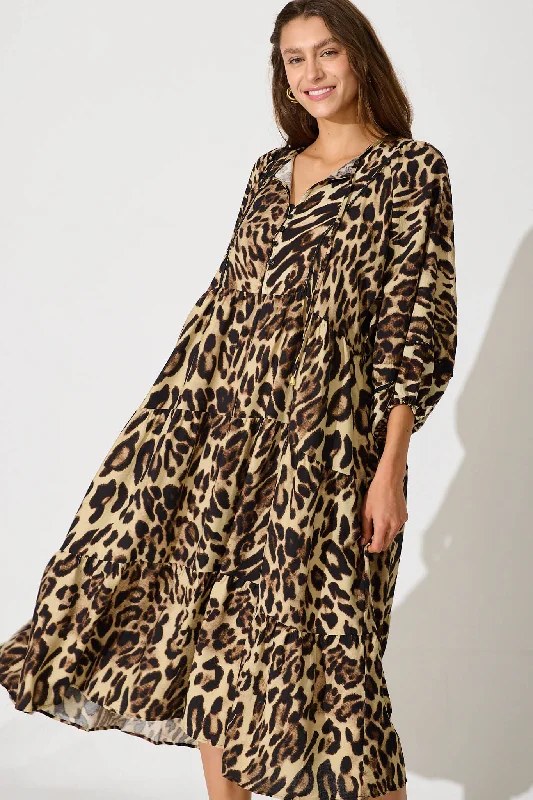 The Best Prices Jamila Midi Smock Dress In Brown Leopard Print