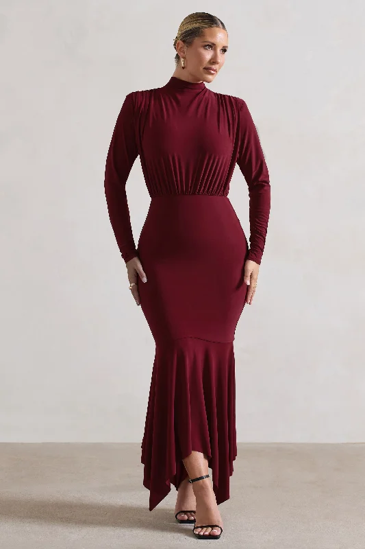 Price Drop Carla | Berry High-Neck Maxi Dress With Draped Hem