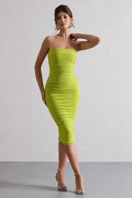 Closeout My Girl | Green Strapless Bodycon Ruched Mesh Midi Dress