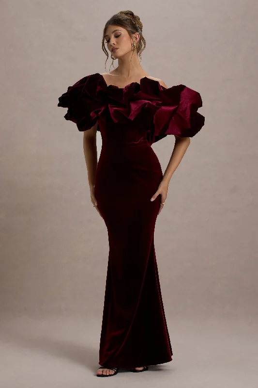 Super Sale Cecily | Red Velvet Bardot Maxi Dress With Satin Ruffle Trim