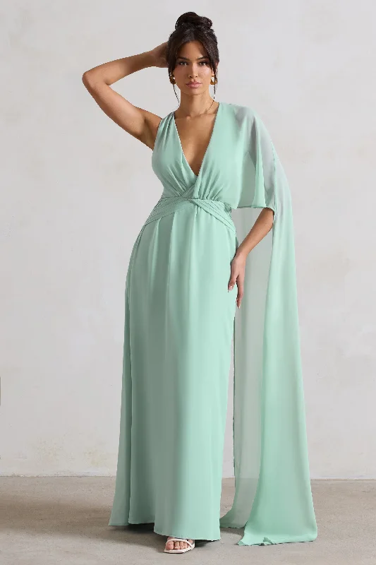 Discount Mania Fairytale | Sage Plunge-Neck Chiffon Maxi Dress With Cape Sleeve
