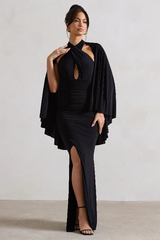 Price Cut Audrina | Black Ruched Halter-Neck Split Maxi Dress With Cape