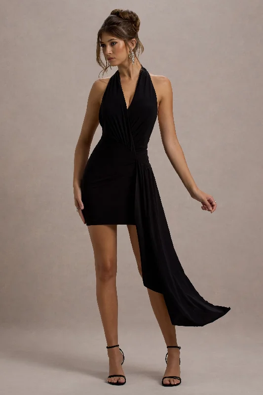 Clearance Event Sidney | Black Plunge-Neck Draped Wrap Mini Dress