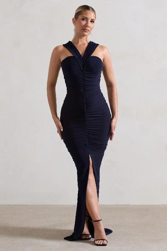 Price Reduction Aida | Navy Ruched V-Neck Split Maxi Dress