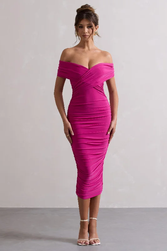 Steals and Deals Unwrapped | Dark Pink Ruched Twist Bardot Midi Dress