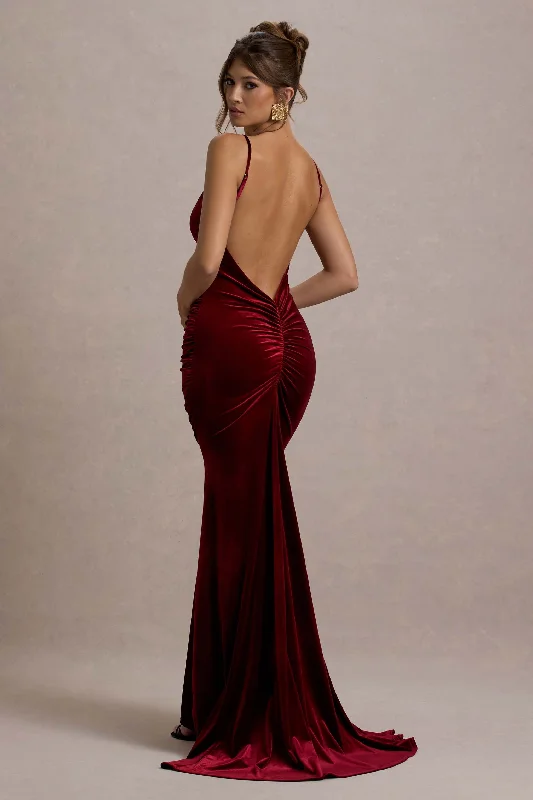 Time-Limited Offer Adele | Berry Velvet Ruched Strappy Fishtail Maxi Dress