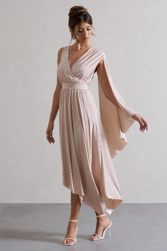 Super Sale Fable | Champagne Plunge-Neck Maxi Dress With Cape Sleeve