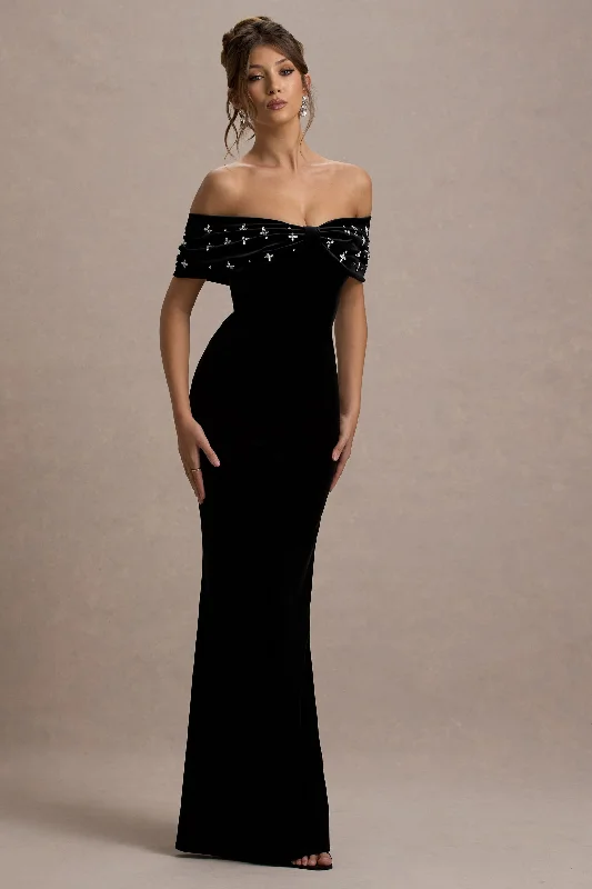 Overstock West End | Black Velvet Embellished Bardot Maxi Dress