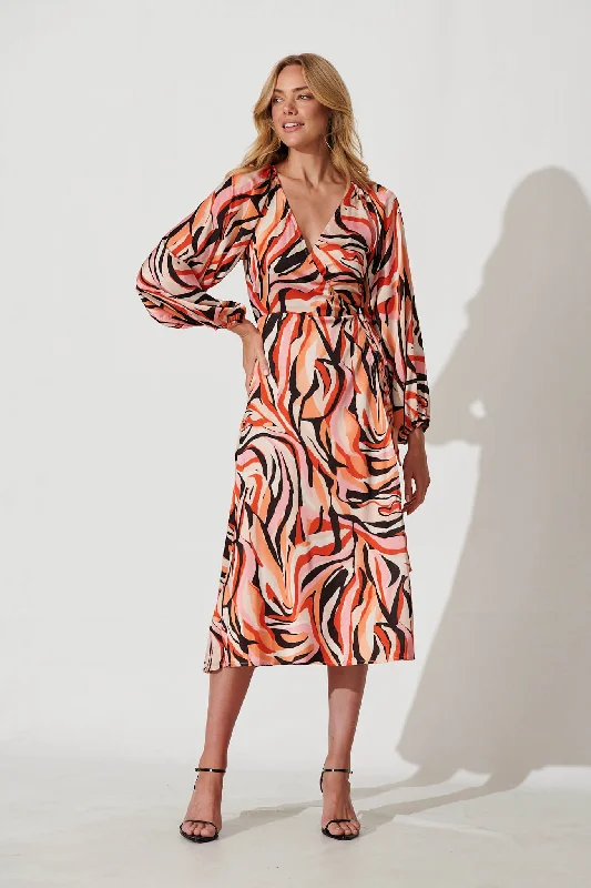 Special Savings Dita Midi Wrap Dress In Multi Swirl Satin