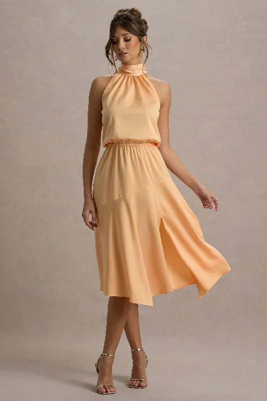 Deal Zone Palonia | Peach Satin High-Neck Split Midi Dress
