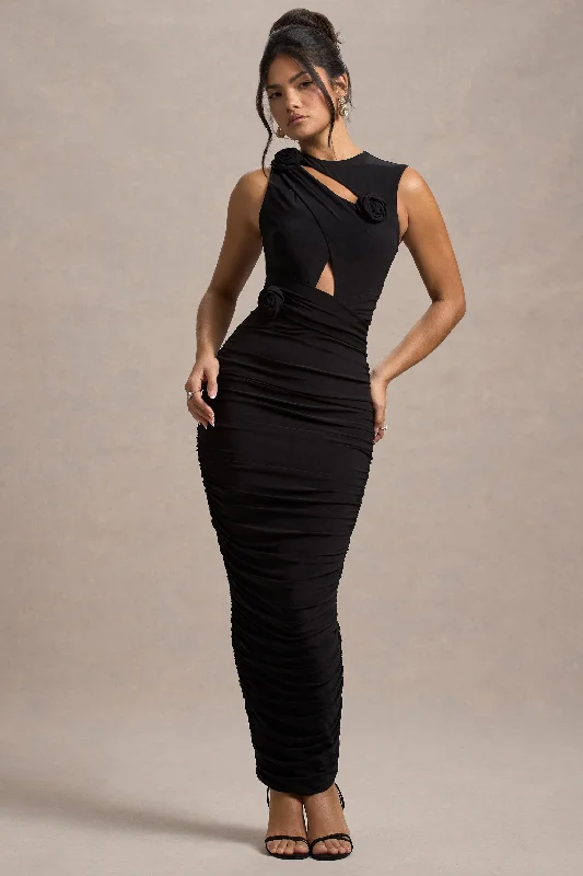 Value Deals Audelia | Black Cut-Out Maxi Dress With Floral Corsages