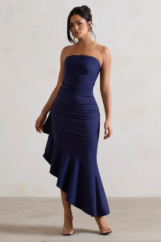 Final Markdown New Age | Navy Strapless Asymmetric Ruffled Maxi Dress