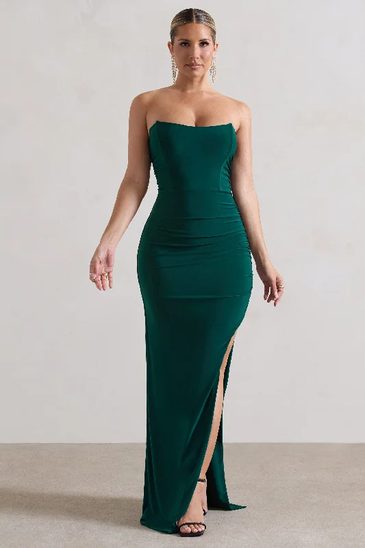 Crazy Deals Eletta | Bottle Green Ruched Bandeau Asymmetric Maxi Dress