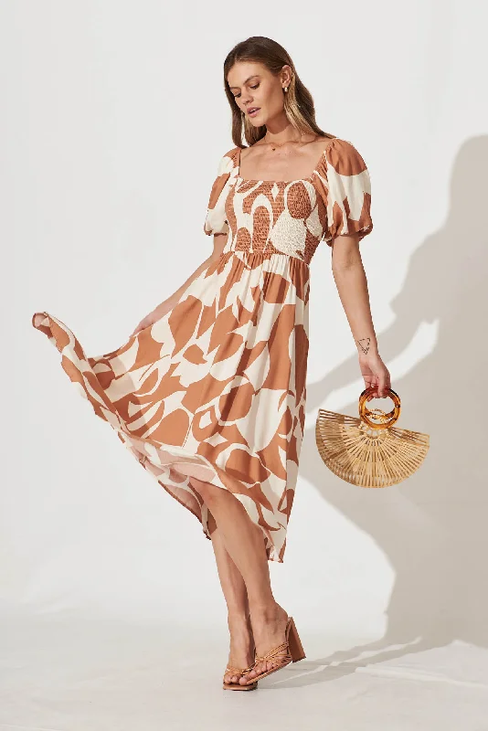 Deal of the Day Mariam Midi Dress In Tan With Cream Geometric Print