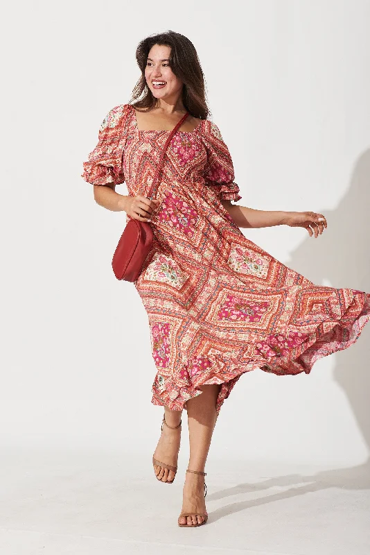 Deal Explosion Ever Midi Dress In Coral With Floral Tile Print