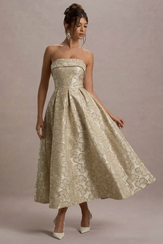 Limited Availability Zuma | Gold Metallic Jacquard Strapless Midi Dress