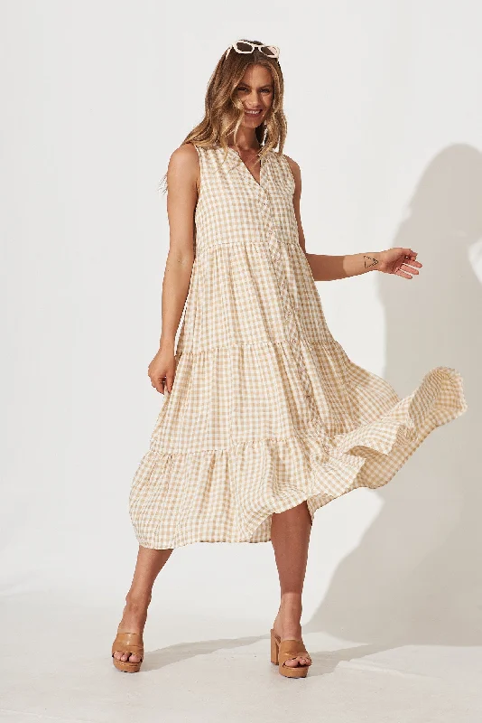 Deal Mania Jolly Midi Smock Dress In Beige Gingham Check Cotton Blend