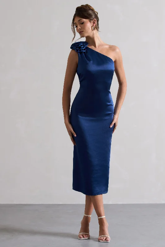 Deep Discounts Ascot | Navy Satin One Shoulder Midi Dress With Corsage