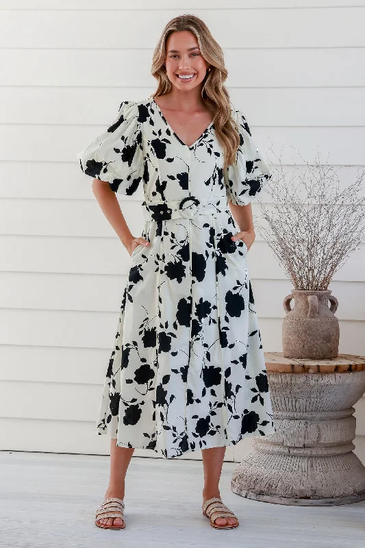 Deal of the Day Ferndale Midi Dress In Cream With Black Floral Cotton