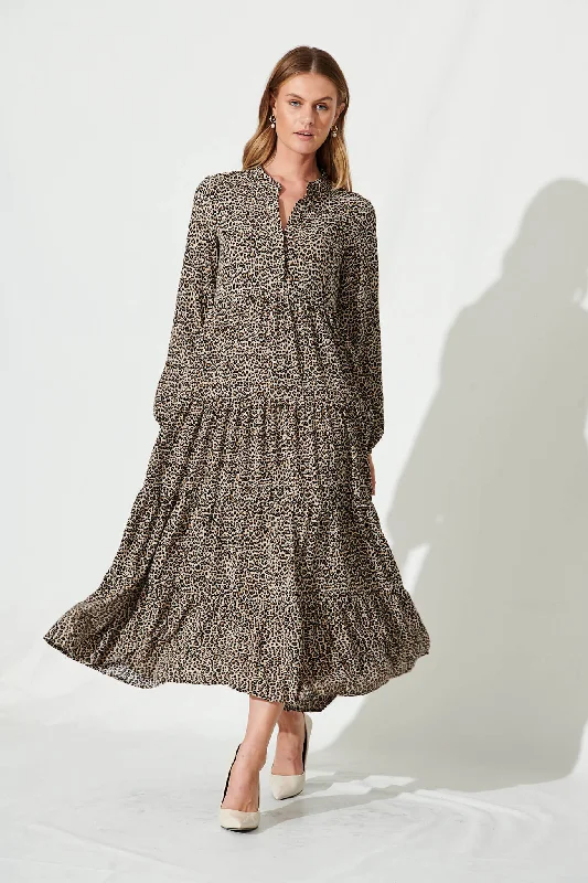 Special Savings Becky Maxi Smock Dress In Beige And Black Leopard Print