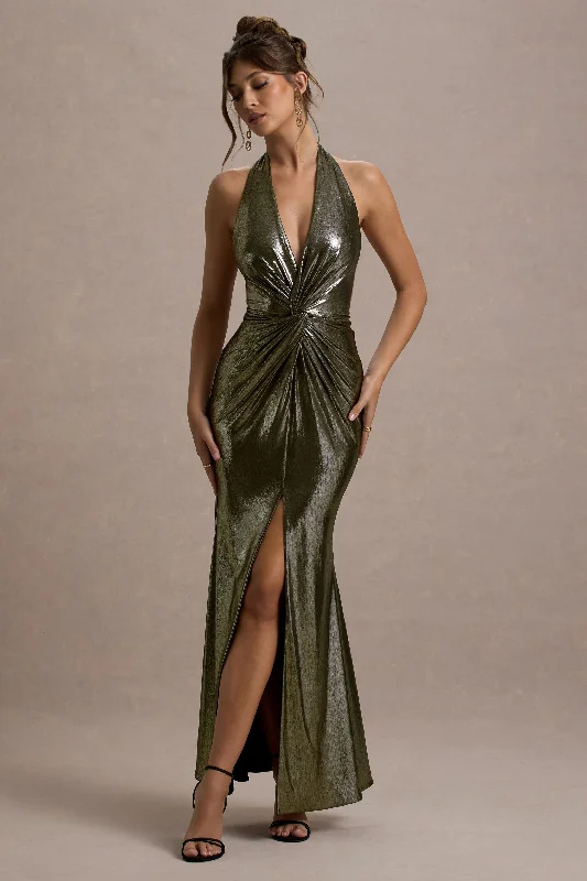 Early Access Carana | Gold Plunge-Neck Knotted Split Maxi Dress