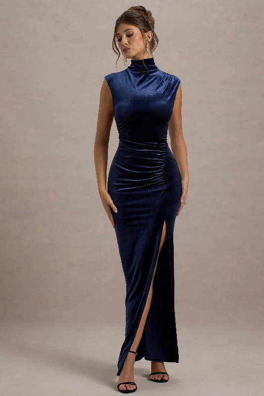 New Markdowns Abilene | Navy Velvet High-Neck Split Maxi Dress