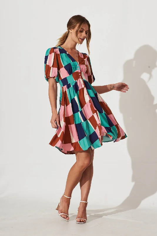 Daily Specials Marina Dress In Multi Abstract Squares Print