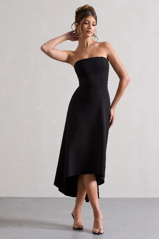 Closeout Ariela | Black Bandeau High-Low Midi Dress