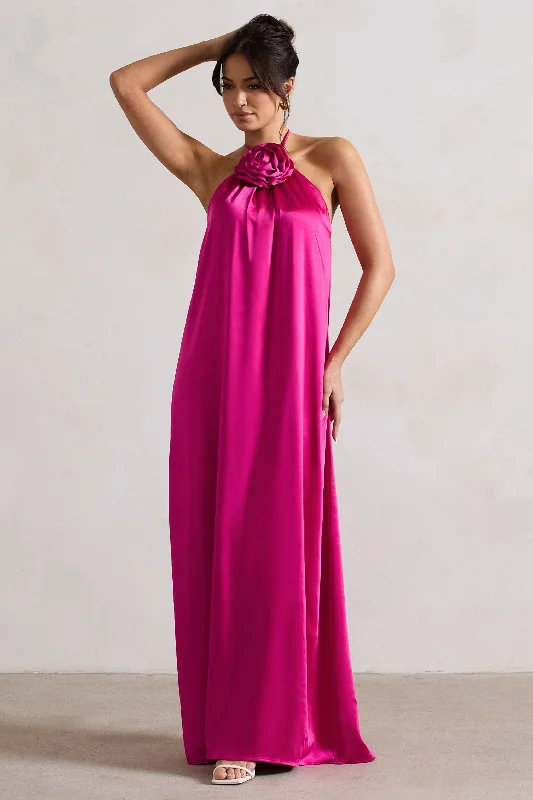 Amazing Deals Everleigh | Dark Pink Satin Relaxed Fit Maxi Column Dress With Corsage