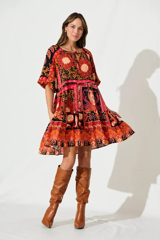 Referral Discount Everywhere Smock Dress In Black With Red Print
