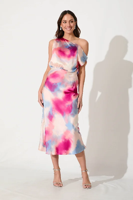 Big Savings Lux Off Shoulder Midi Dress In Pink With Multi Watercolour Satin