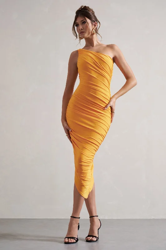 Deal Frenzy Dorit | Mango One Shoulder Asymmetric Ruched Midi Dress