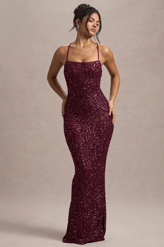 Special Savings Cosmic | Berry Sequin Square-Neck Strappy Maxi Dress