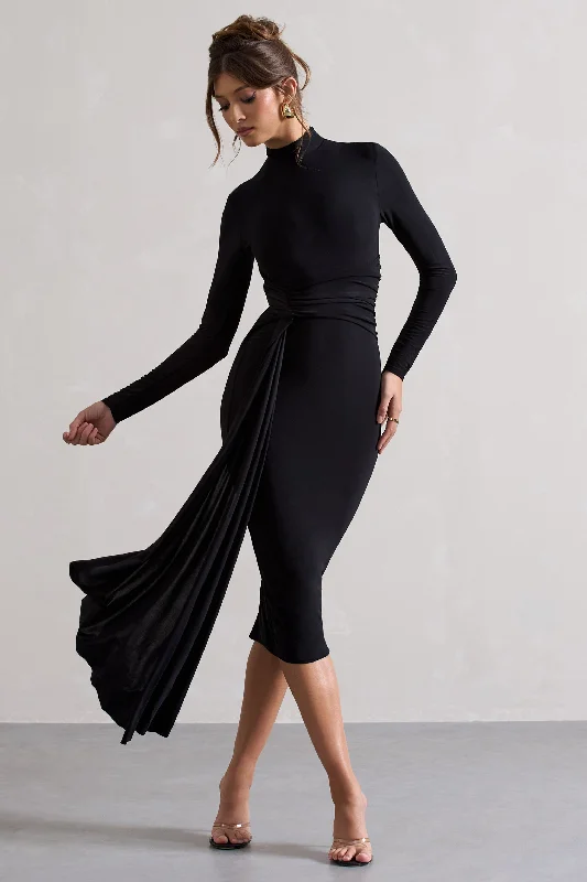 Final Markdown Nikita | Black High-Neck Midi Dress With Drape
