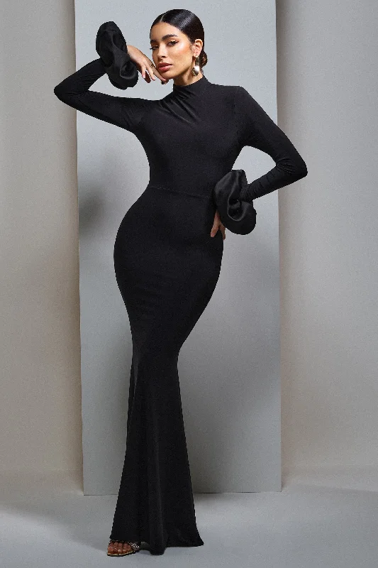 Warehouse Sale Mystic | Black High-Neck Maxi Dress With Satin Cuffs
