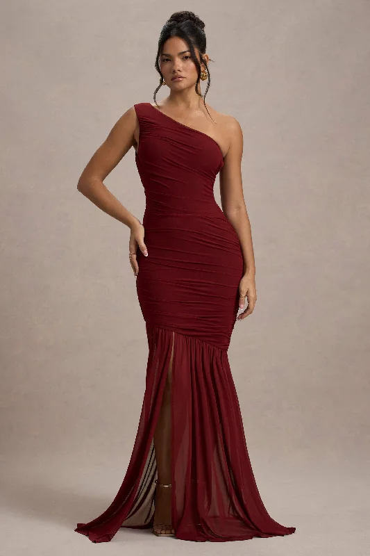 Discount Extravaganza Bastia | Burgundy Ruched Mesh Asymmetric Maxi Dress