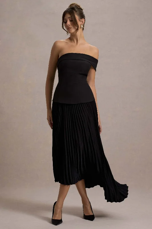 YEAR-End Clearance Pauline | Black Bardot Tailored Maxi Dress With Plisse Skirt