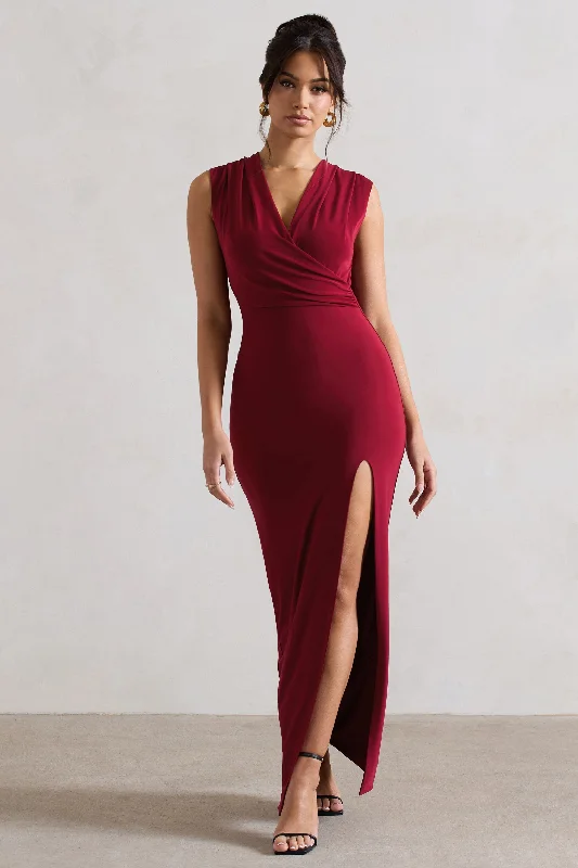 Reduced Prices Honour | Berry V-Neck Split Maxi Dress With Cowl-Back