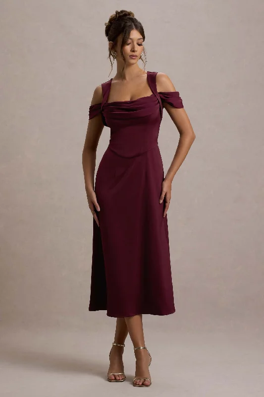 Great Bargains Sawyer | Wine Satin Draped Midi Dress