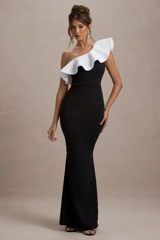 Huge Discounts Berkley | Black & White Ruffled One-Shoulder Maxi Dress